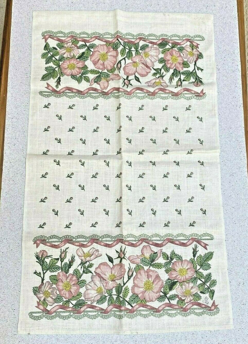 Vintage 1990's linen kitchen tea towel 26" x 16" country cottage flowers motif